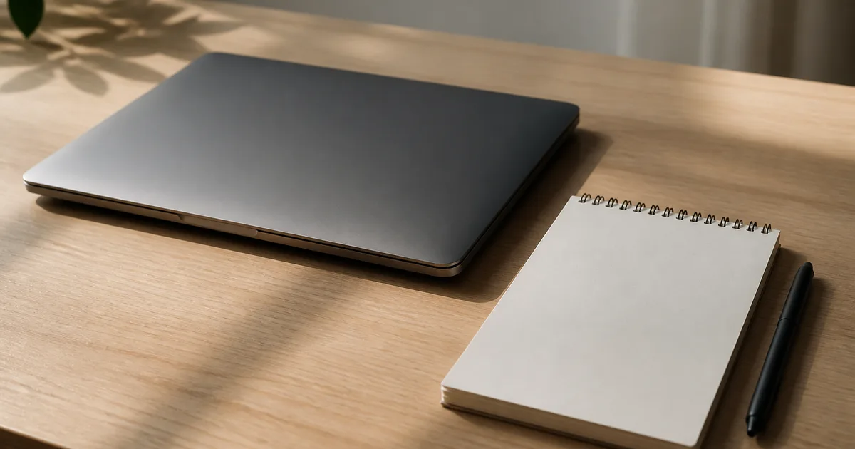 A person at a laptop in a bright home office, viewing a search results webpage on screen while taking notes on a notepad