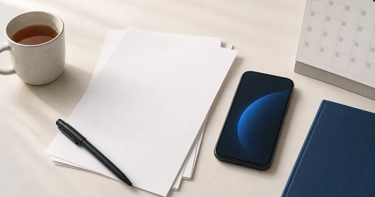 A printed notice face-down on a light desk beside a phone showing a call timer and a wall calendar with days marked off, calm daylight, no readable text