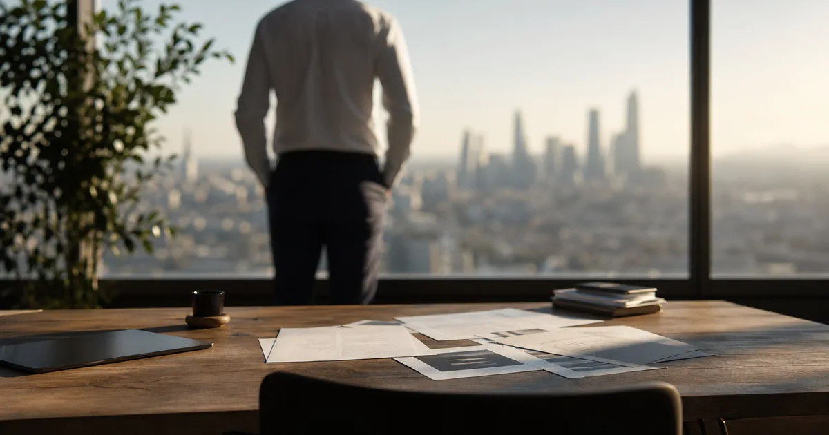 A founder reviewing printed documents at a sunlit wooden desk near a large window, a city skyline visible in the soft background