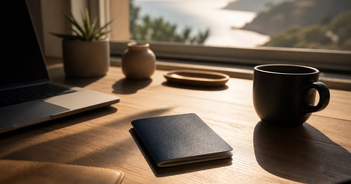 A passport on a desk beside a laptop and a coffee with a sunlit window showing a faint coastline, warm hopeful light, no readable text, no people