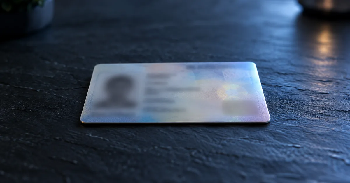 A plain laminated identity card in sharp macro focus on a dark slate surface, its printed fields blurred beyond reading, cool blue-hour rim light from the