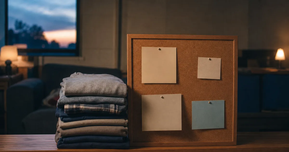A dorm common room at dusk, a corkboard beside a stack of folded laundry