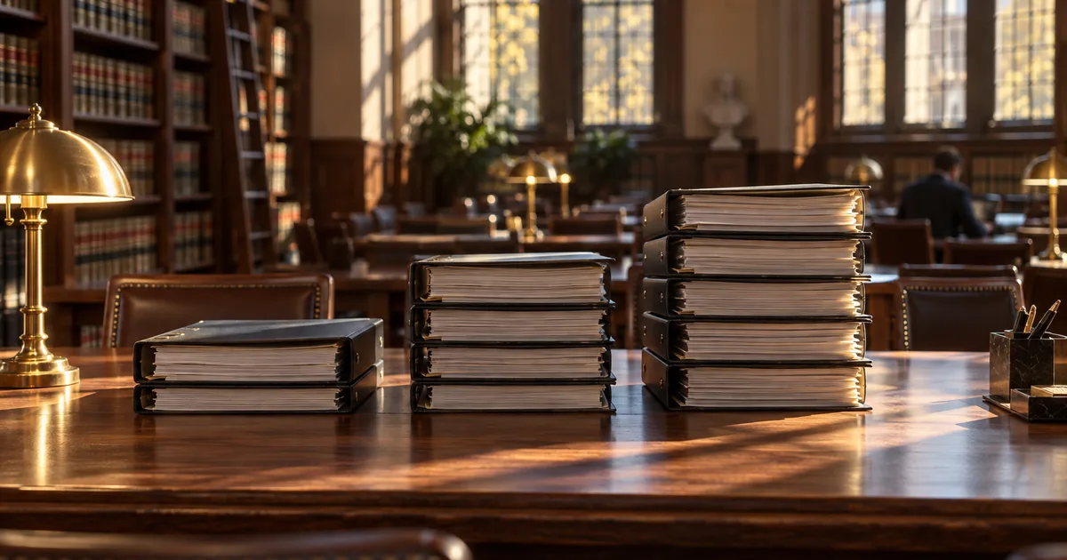 Three neat stacks of evidence binders of different heights on a long walnut table in an empty law library, late-afternoon light slanting through tall windows