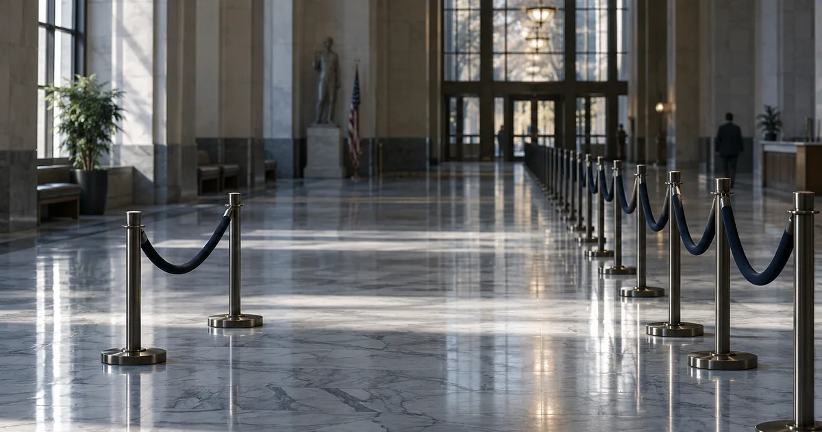 Two parallel queues of empty stanchion ropes in a quiet federal building lobby at early morning, one line short and one stretching far into the background