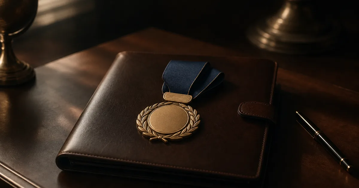 A prestigious award medal and a leather portfolio on a desk under a warm spotlight, dark sophisticated background, no readable text, no people