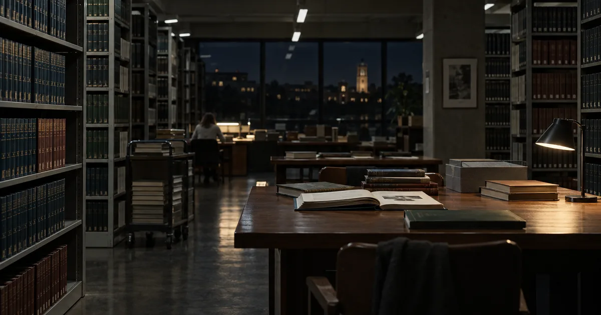 A researcher reviewing printed citation reports and journal articles spread across a desk in a university office