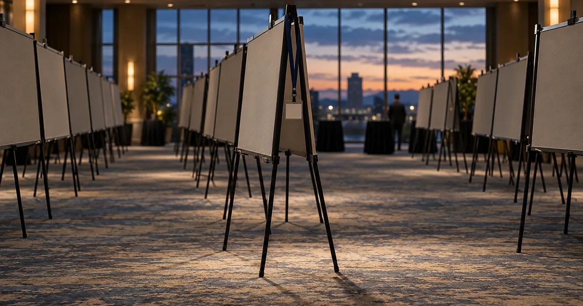 A conference poster hall after hours, rows of blank poster boards on easels and a lone reviewer lanyard hanging from a stand, soft overhead light on carpet