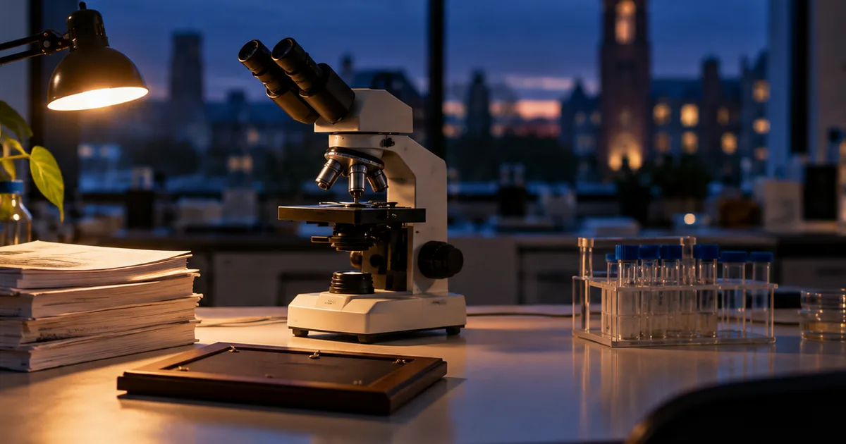 A university research lab bench at dusk with a microscope, stacked journal reprints with illegible pages and a small award plaque lying face-down, warm lamp