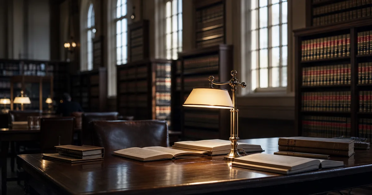 A law library reading room with tall bookshelves, a desk with open documents and a soft desk lamp, late evening light filtering through tall windows