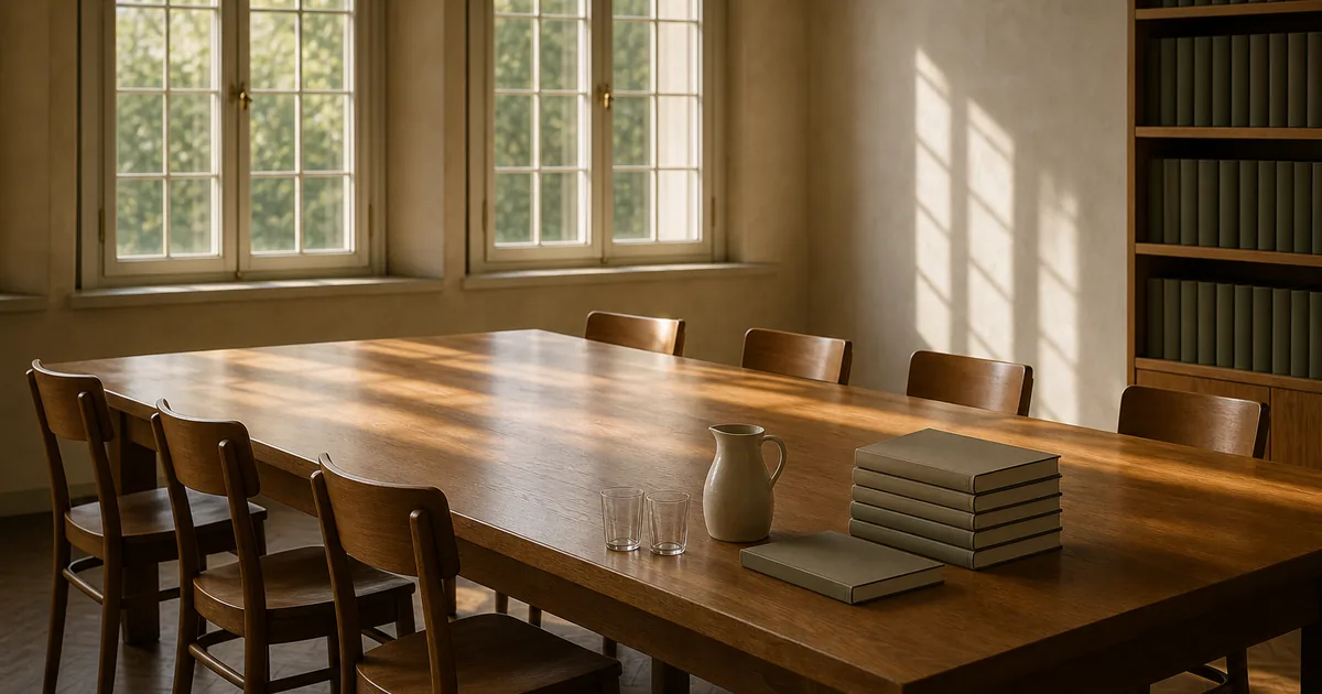 An empty university seminar room with a long wooden table, stacked journals, and tall windows admitting soft late afternoon light