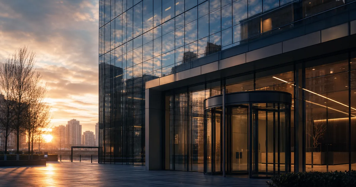 A glass-and-steel office tower at sunrise, corporate lobby visible through a revolving door, reflections of clouds on the building facade
