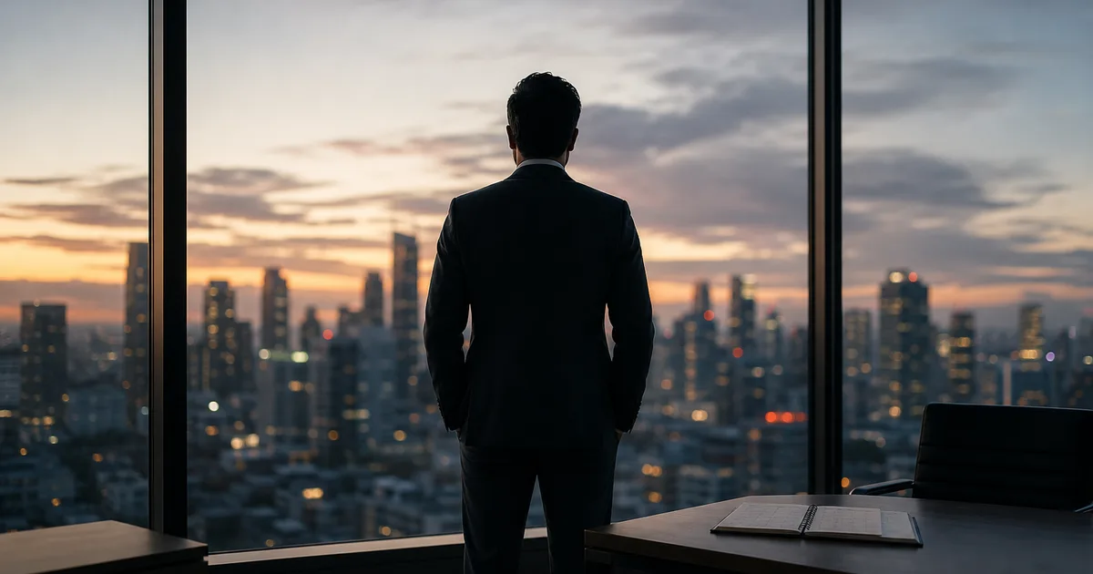 An immigrant professional standing at a panoramic office window overlooking a city skyline at dusk, contemplating a long-term life plan with a calendar open