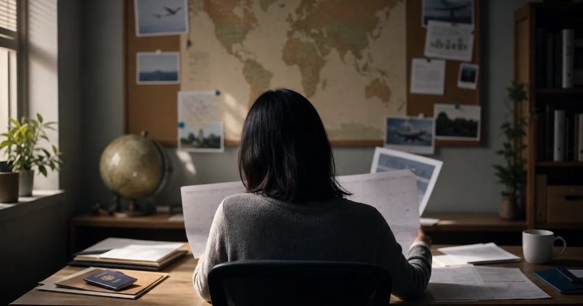A person reviewing a printed calendar spread across a home-office desk, surrounded by immigration documents and a world map pinned to a corkboard on the wall
