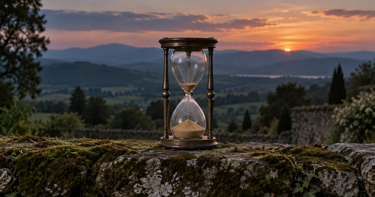 An antique hourglass on a mossy stone garden wall at dusk, the sand mostly run through, distant hills turning blue behind it