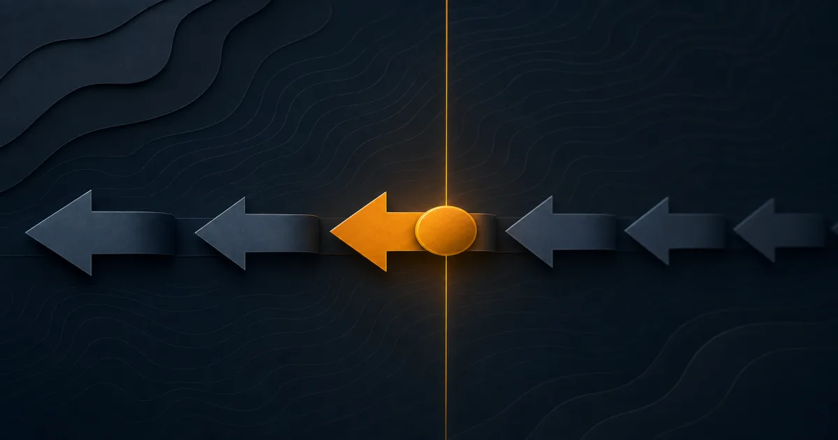 An abstract timeline of receding arrows folding backward over a topographic-line texture, suggesting a date moving in reverse against a layered horizon.