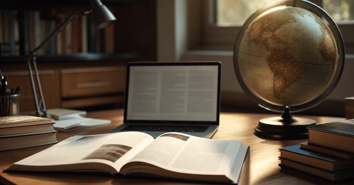 A scholarly desk with an open research journal, a laptop showing blurred text and a globe by a window, contemplative warm light, no readable text, no people