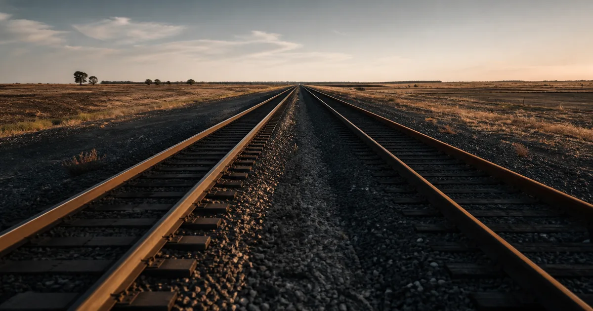 Two parallel train tracks stretching toward a distant horizon through a flat open landscape, one track catching direct sunlight while the other lies in