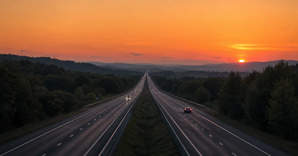 A split-lane highway stretching to the horizon at dusk, two lanes merging into one in the far distance, warm orange sky overhead