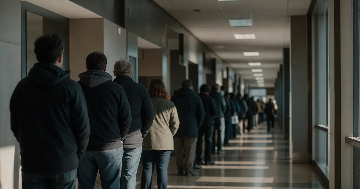 A long queue inside a government building corridor with numbered waiting area signs, soft fluorescent overhead lighting, neutral institutional decor