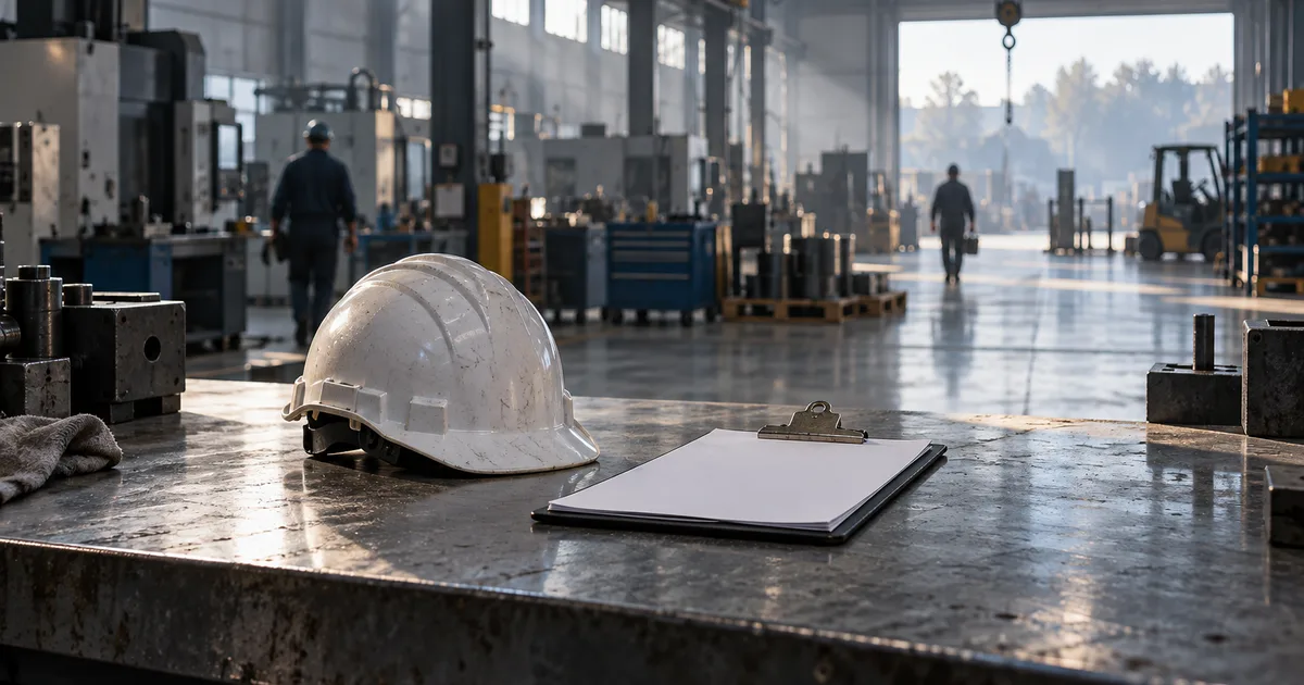 A modern engineering workshop floor at shift change, a hard hat and a clipboard of blank sheets resting on a steel workbench, cool early-morning industrial