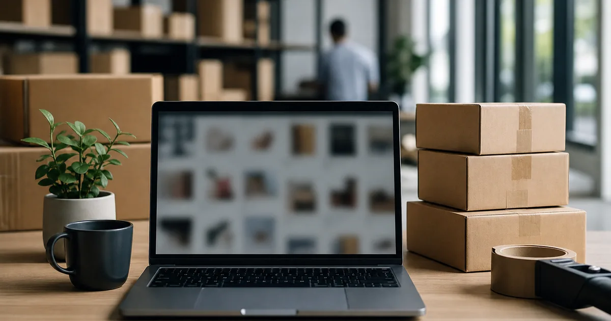 A modern fulfillment-tech workspace with a laptop showing a blurred storefront, shipping boxes neatly stacked nearby, bright clean light