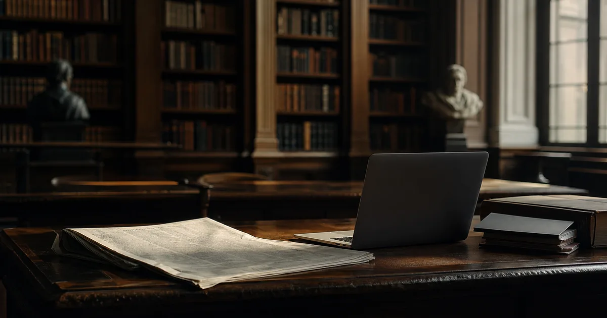 A think-tank library with tall shelves of books and a desk by a window holding a newspaper and laptop, scholarly light