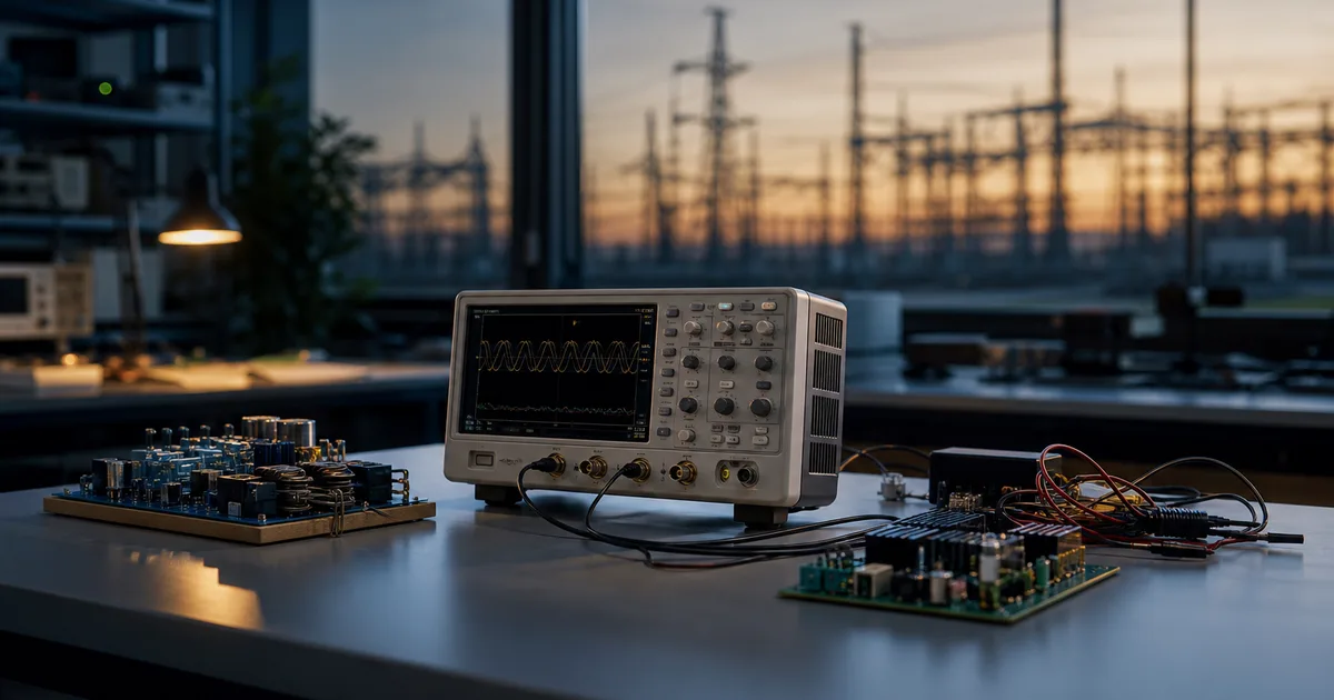 A clean electronics lab bench with an oscilloscope and circuit boards, warm-cool contrast lighting, a power substation silhouette through a window