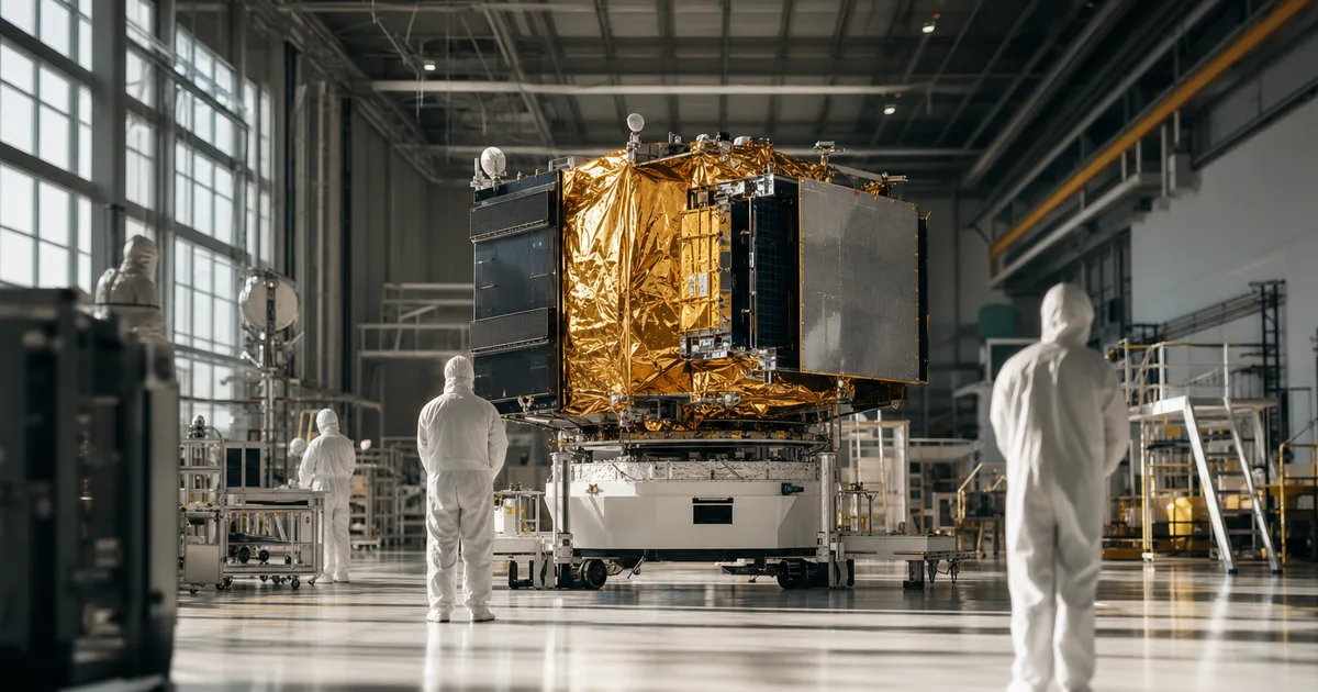 A large clean-room assembly bay with technicians in white bunny suits working on a satellite structure under high-bay lighting, gold reflective thermal