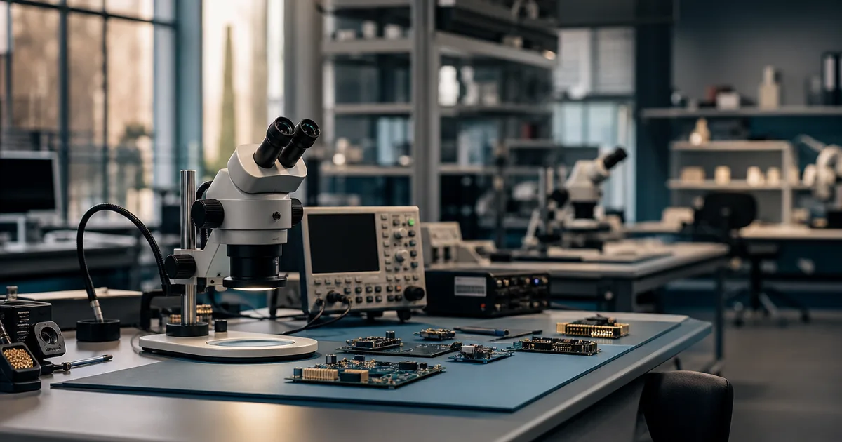 A sterile electronics prototyping lab with microscopes, oscilloscopes, and small circuit boards laid out on anti-static mats under bright overhead white