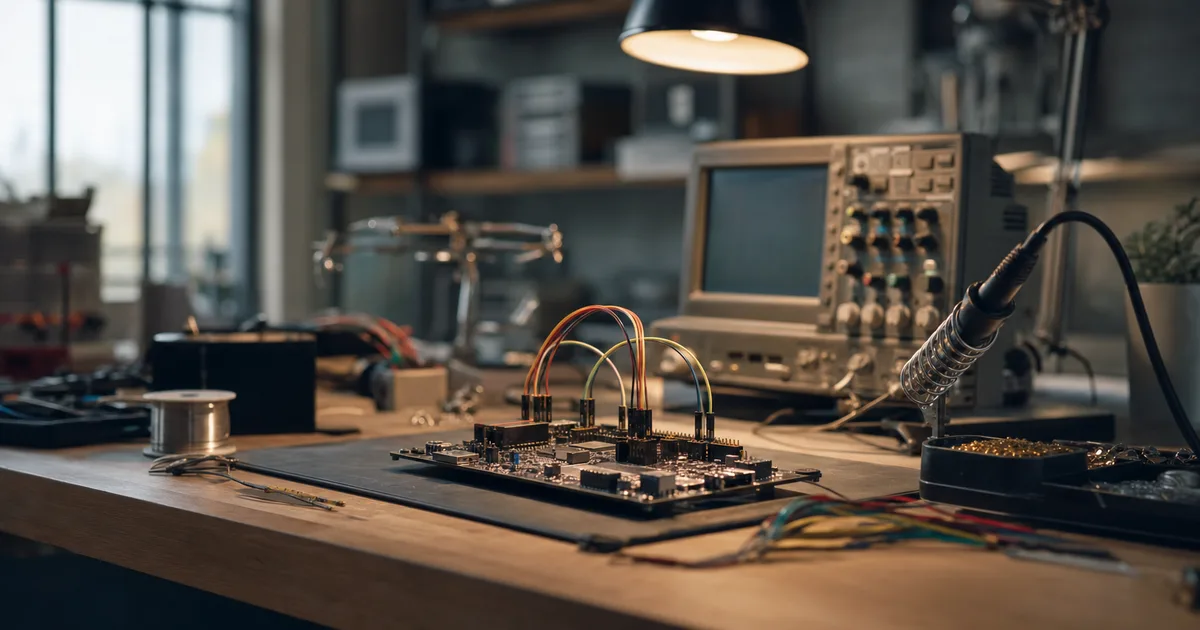 An electronics bench with a development board, jumper wires, an oscilloscope and a soldering iron, warm task lighting, shallow focus, no people