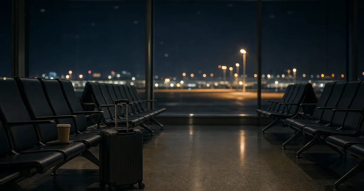 An empty airport departure lounge at night with rows of seats, a window reflecting runway lights, and a single closed suitcase