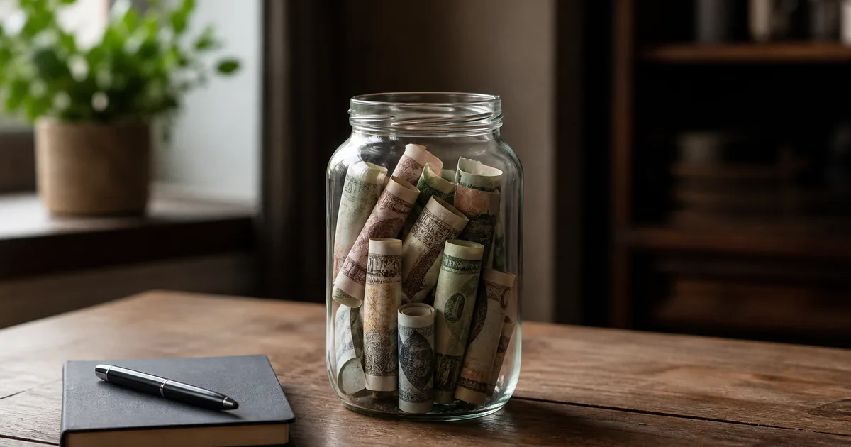 A glass jar filled with rolled banknotes sitting on a wooden table beside a small notebook and pen, warm natural light