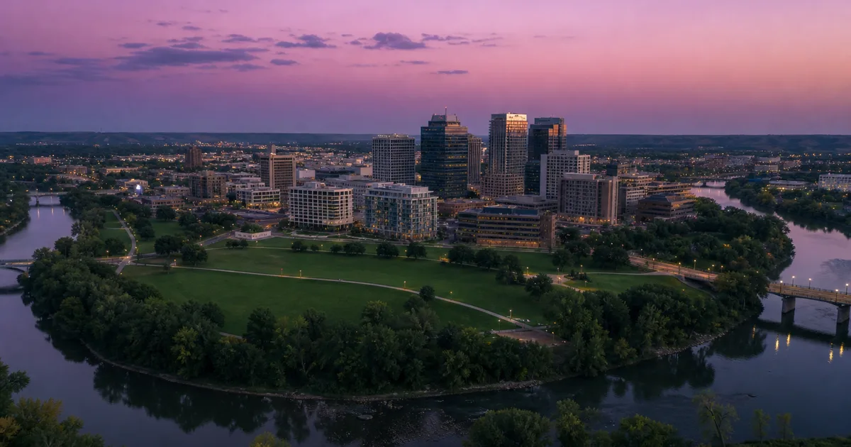 A wide-angle street view of a modern downtown district at dusk with glass-fronted office towers and light rail tracks running through the center