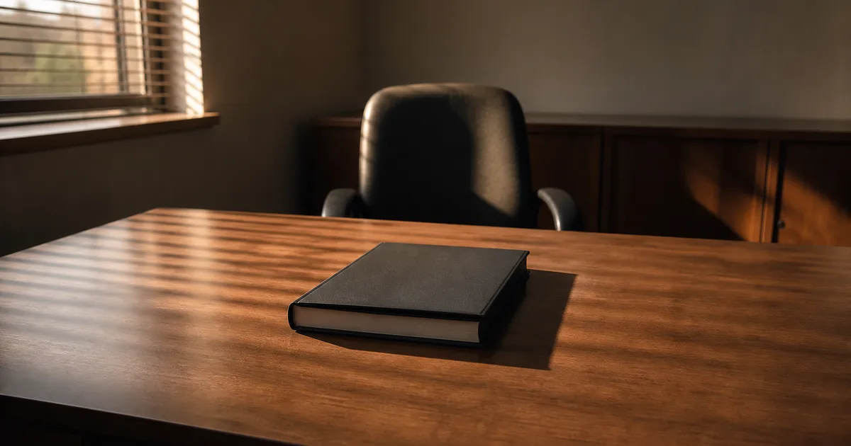 A small accounting office in early afternoon, an empty desk with a closed ledger and soft light through venetian blinds
