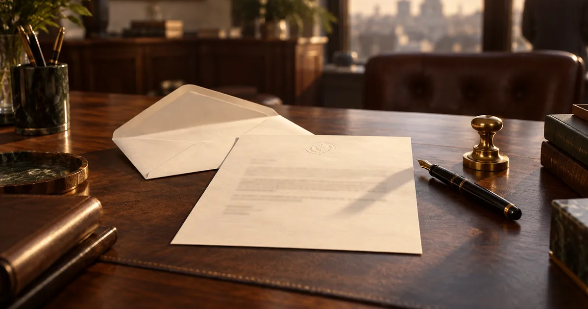 A crisp company letter on heavy cream paper beside an open envelope on a walnut office desk, a fountain pen and a brass embossing seal next to it, the text