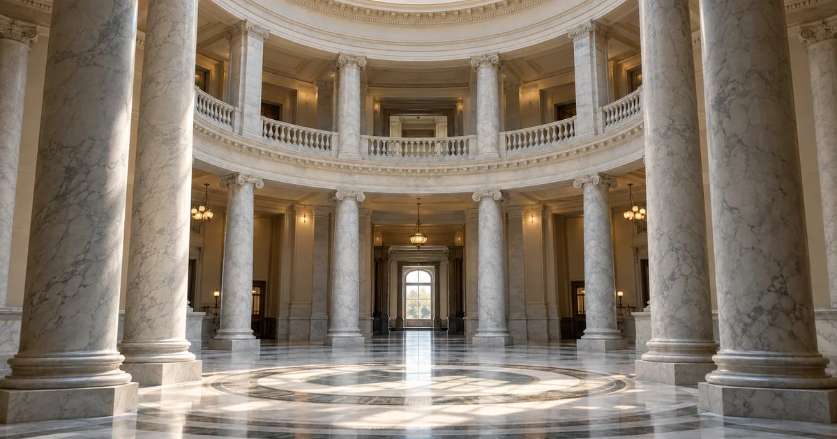 A stack of printed federal legislation and a pen on a wooden desk in a congressional office, soft window light