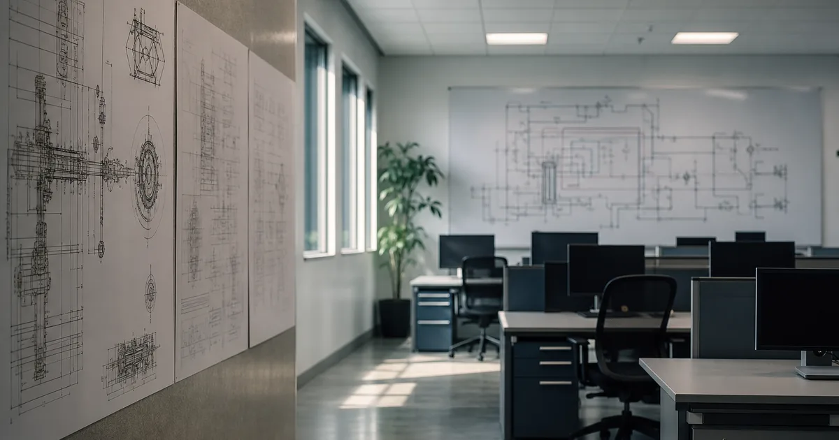 A military engineer in civilian attire reviewing technical schematics at a workstation in a modern open-plan office