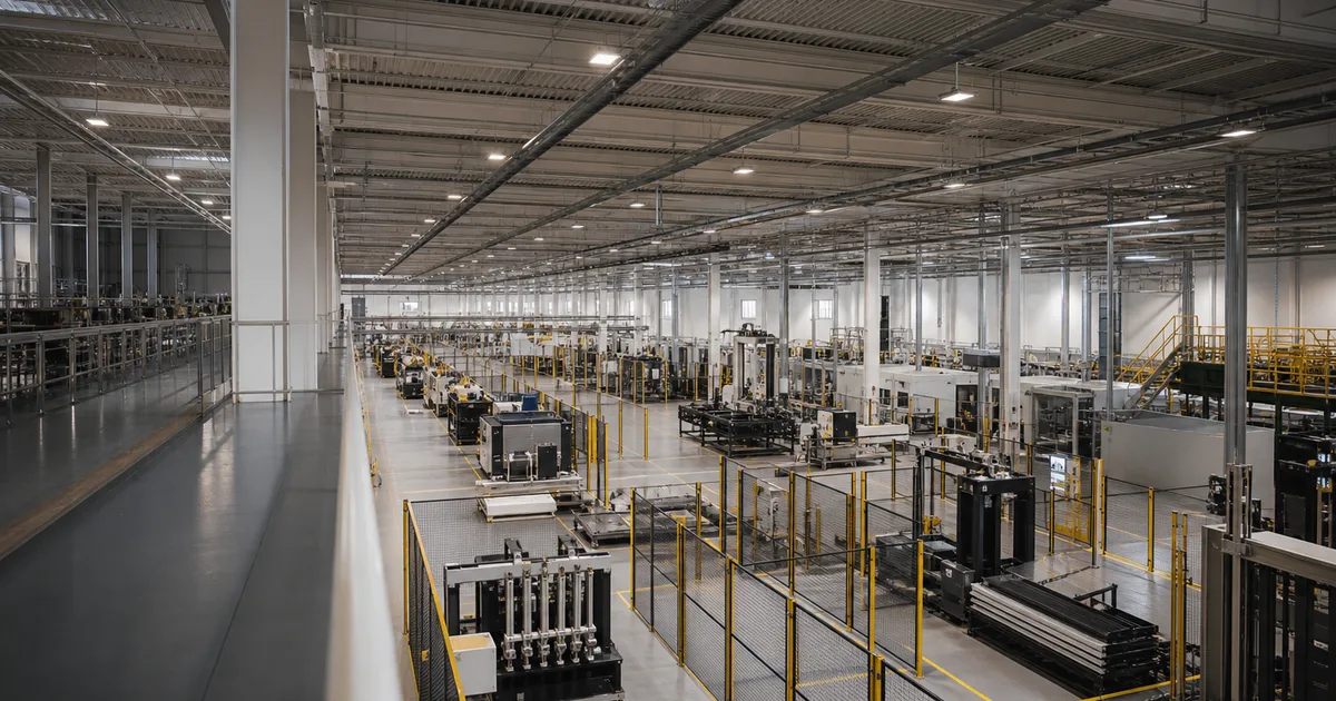 Industrial safety professional in hard hat and high-visibility vest reviewing compliance documents at a manufacturing facility