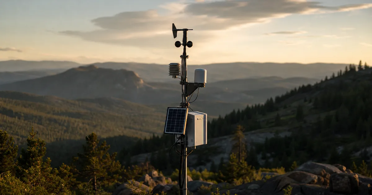 A field research scene at golden hour with a forested hillside and a weather monitoring station, expansive natural landscape, no people