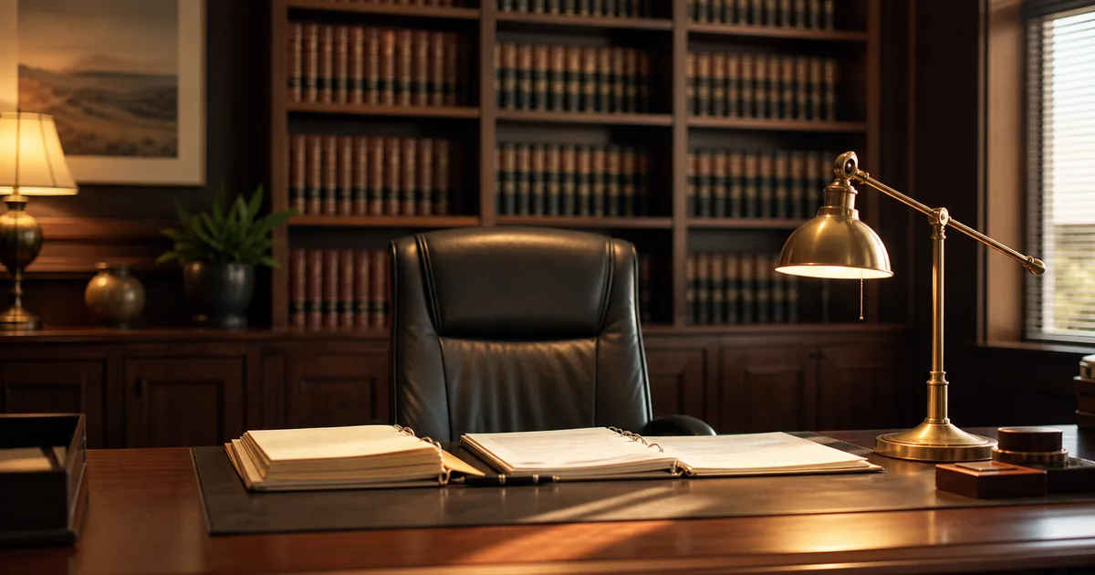 A university student sitting at a desk reviewing official government documents under warm library lamplight
