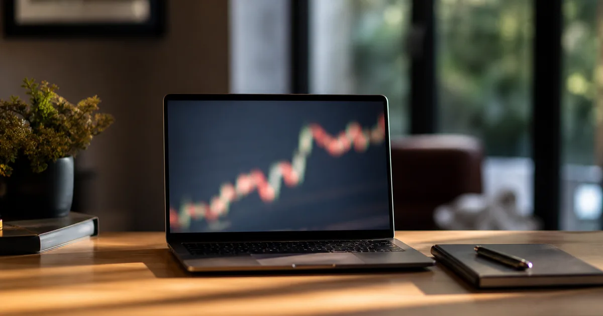 A desk with a laptop showing a blurred rising stock chart, a notebook and a pen, warm focused light, shallow focus, no readable text