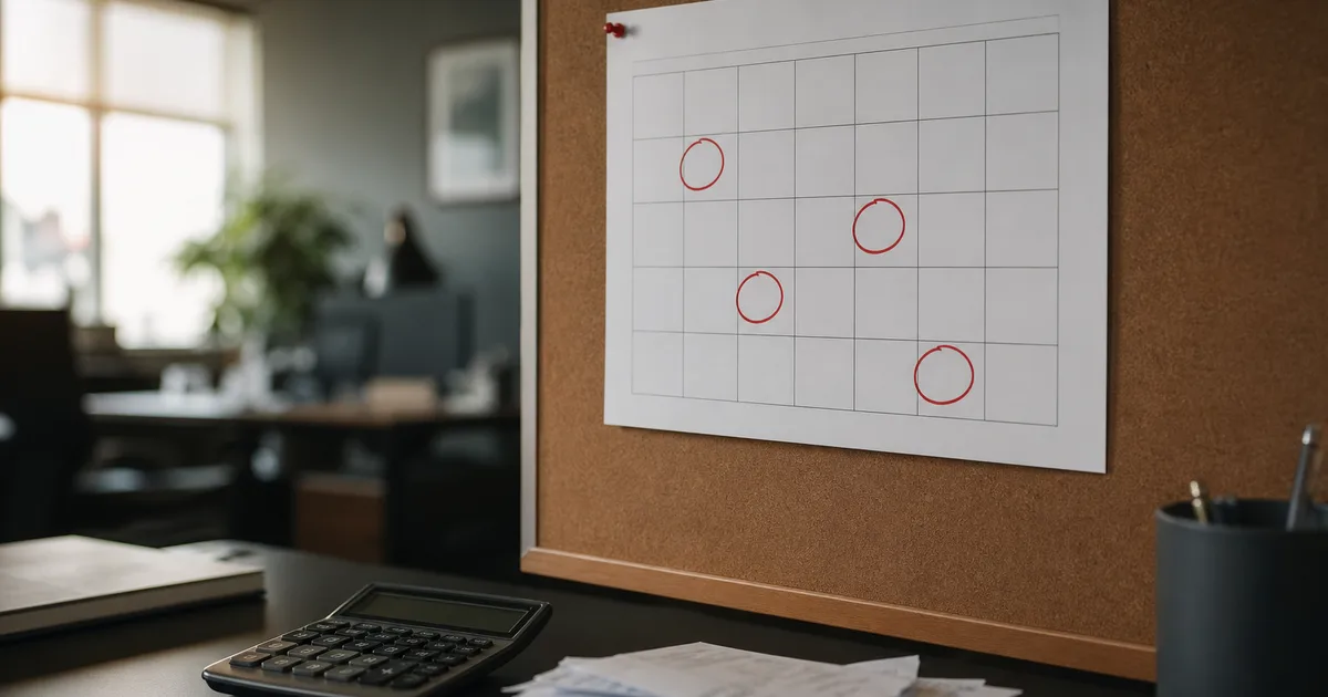 A calendar pinned to a cork board with four dates circled in red pen, beside a desk with a calculator and a stack of receipts in natural office light
