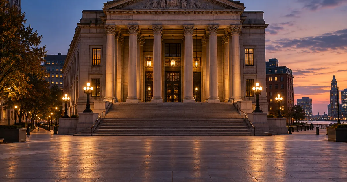 Exterior steps and columns of a federal courthouse building under an overcast sky