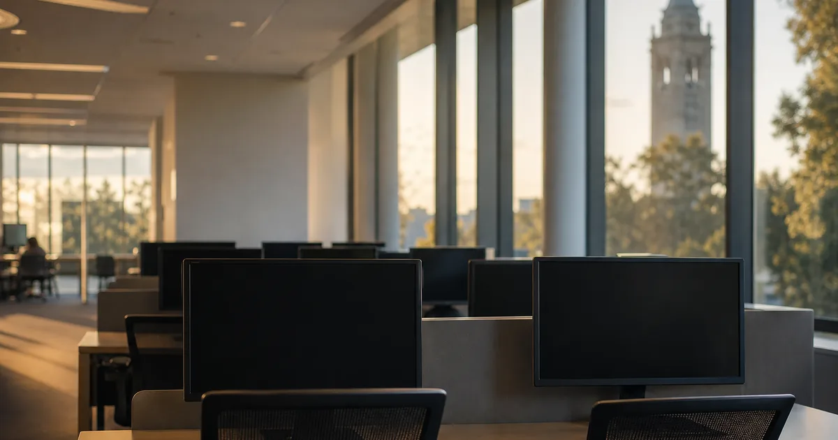 A graduate student in a university library reviewing documents spread across a wooden desk near tall windows with afternoon light streaming in