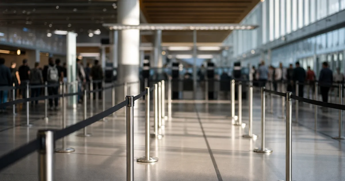 A student standing at a US Customs and Border Protection inspection counter holding a passport and academic documents at an international airport