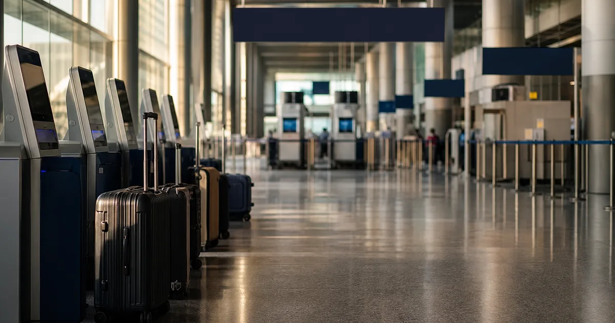 International student pulling rolling luggage through an airport terminal with morning light streaming through large windows