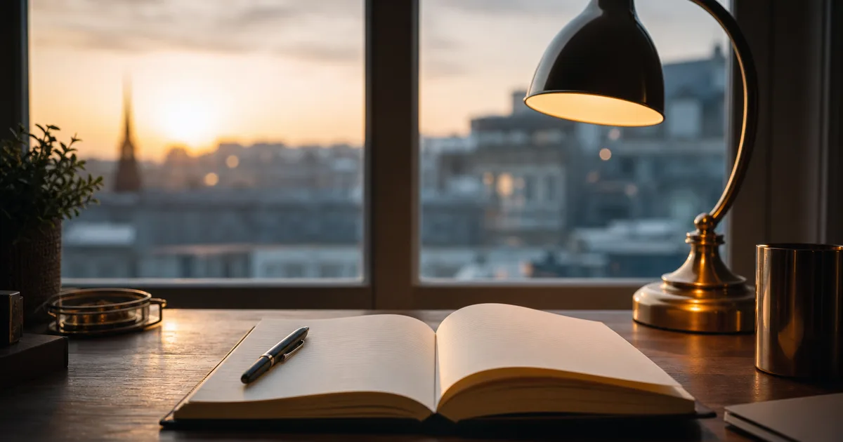 A quiet desk by a window with an open notebook, a pen and a warm lamp in early morning light, a hopeful reflective mood, no readable text, no people