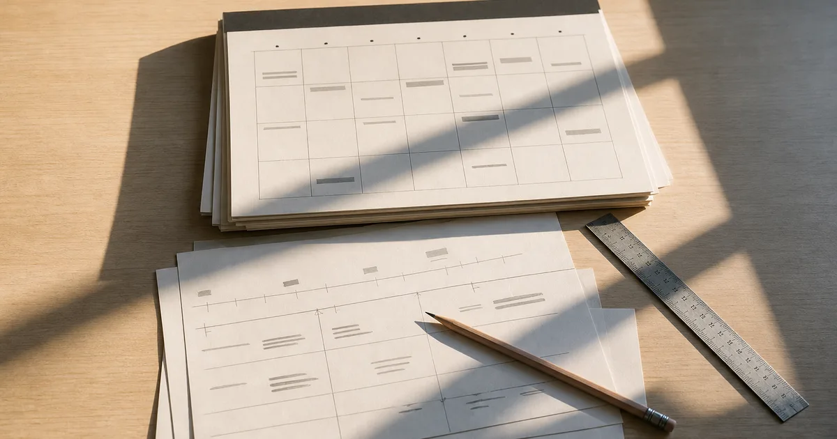 A university student reviewing documents at a desk with a laptop open showing a calendar timeline