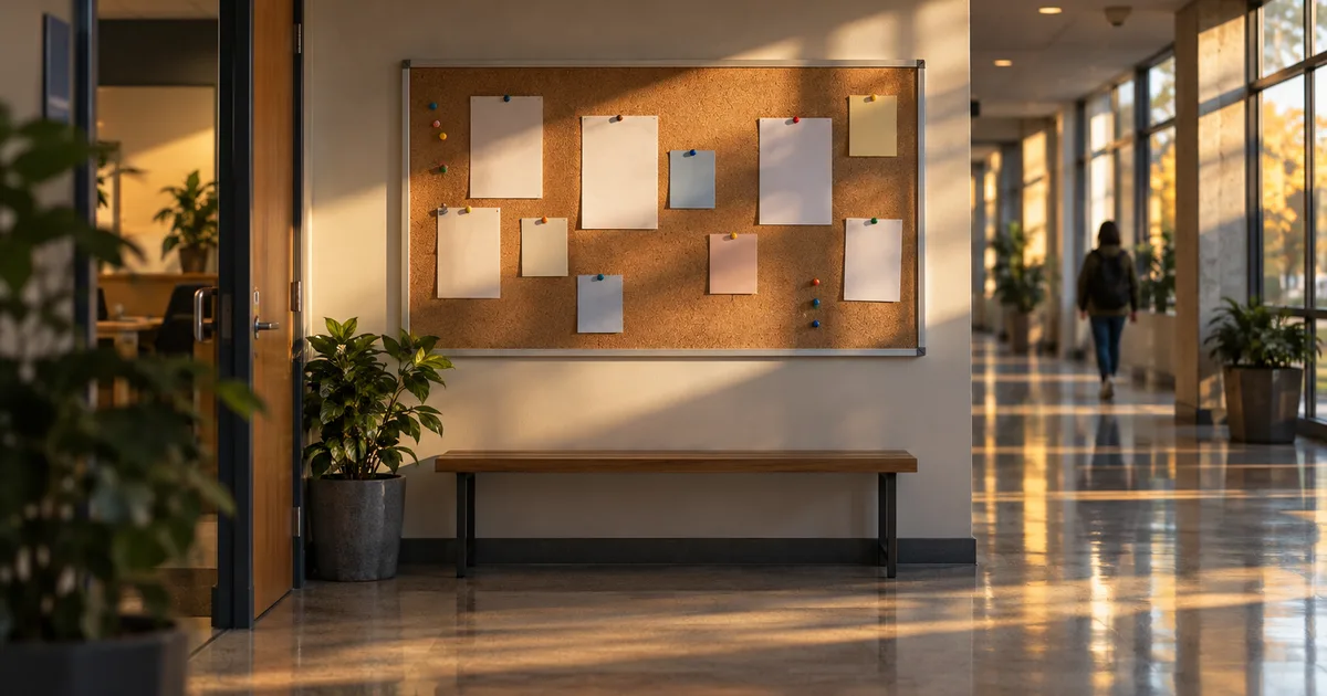 A cork bulletin board in an empty university international-student office hallway, pinned with blank notices and colored pushpins, late-afternoon sun