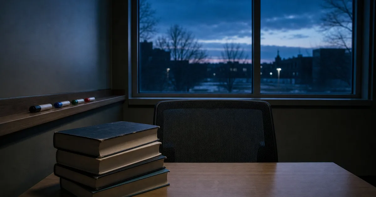 A library study alcove before dawn with dry-erase markers lined along a ledge and a stack of worn algorithms textbooks on the desk, cold blue window light
